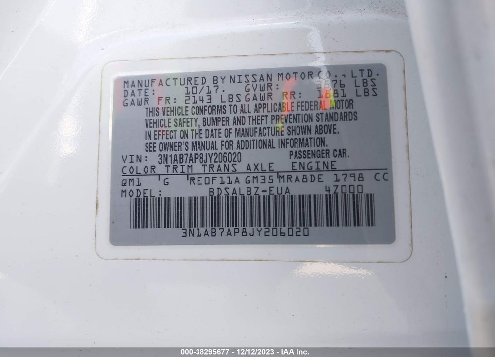 2018 NISSAN SENTRA S VIN: 3N1AB7AP8JY206020