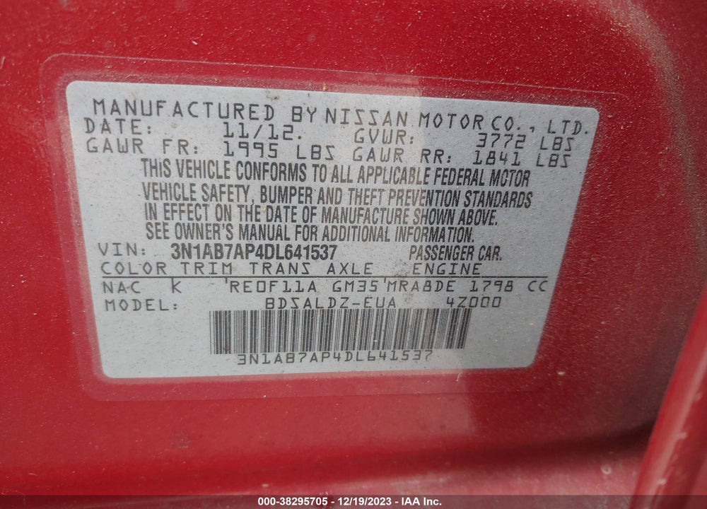 2013 NISSAN SENTRA SV VIN: 3N1AB7AP4DL641537