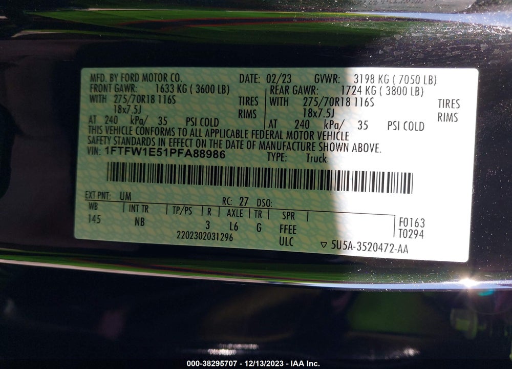 2023 FORD F-150 TREMOR VIN: 1FTFW1E51PFA88986