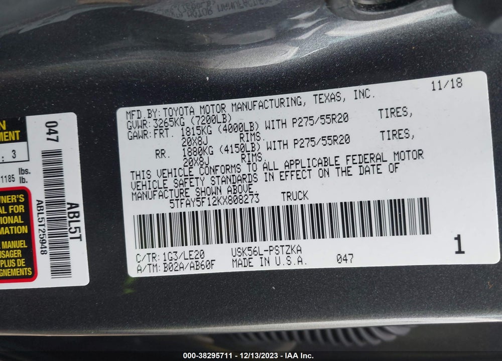 2019 TOYOTA TUNDRA PLATINUM 5.7L V8 VIN: 5TFAY5F12KX808273