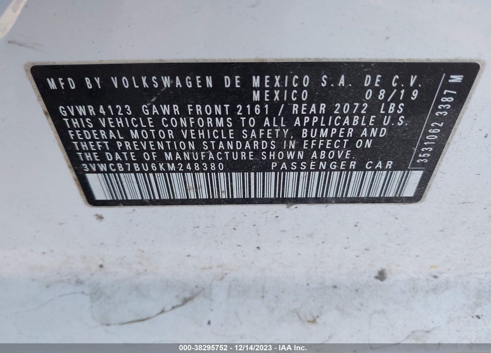 2019 VOLKSWAGEN JETTA VIN: 3VWCB7BU6KM248380