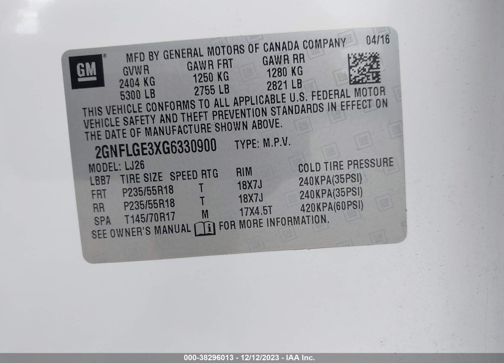 2016 CHEVROLET EQUINOX LTZ VIN: 2GNFLGE3XG6330900