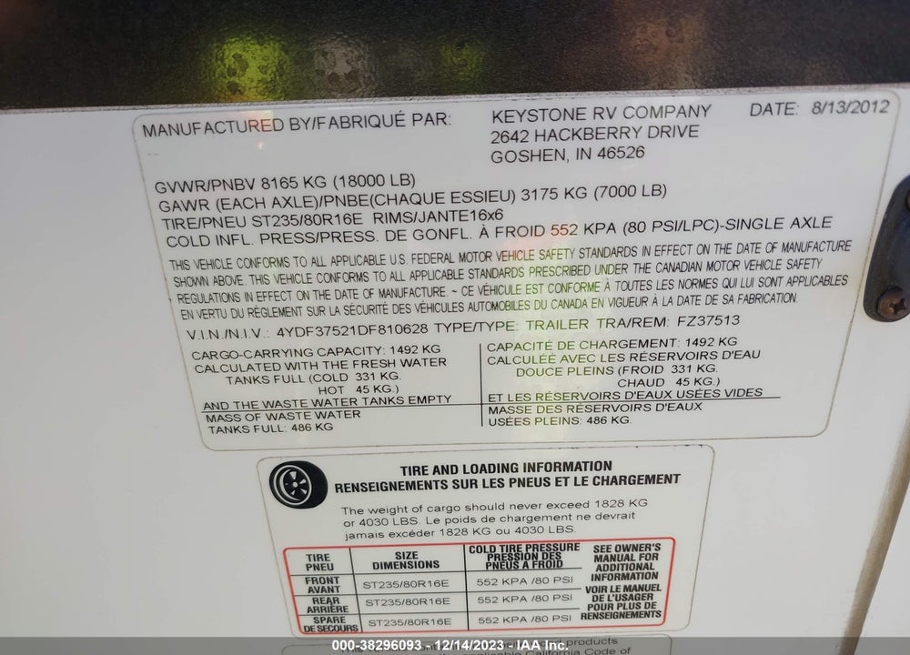 2013 KEYSTONE RV OTHER VIN: 4YDF37521DF810628
