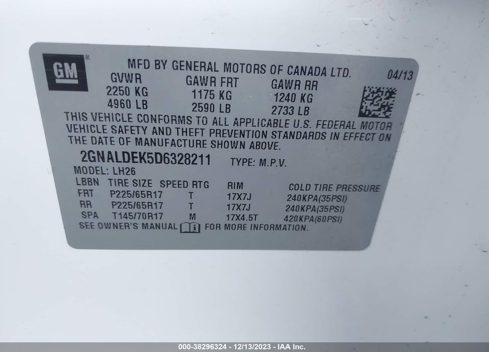 2013 CHEVROLET EQUINOX 1LT VIN: 2GNALDEK5D6328211