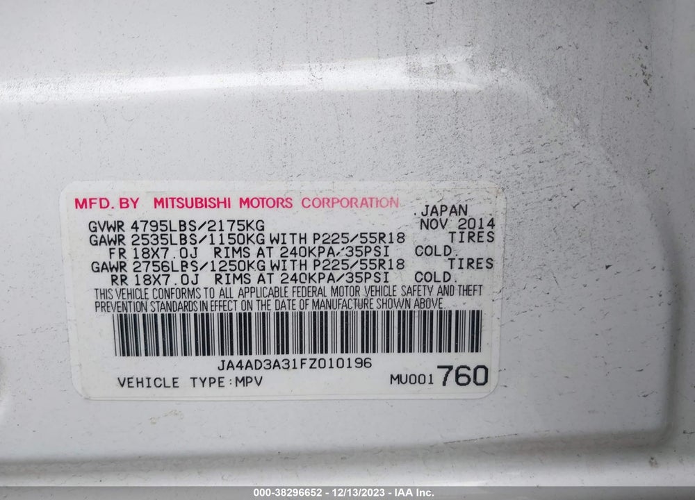 2015 MITSUBISHI OUTLANDER SE VIN: JA4AD3A31FZ010196