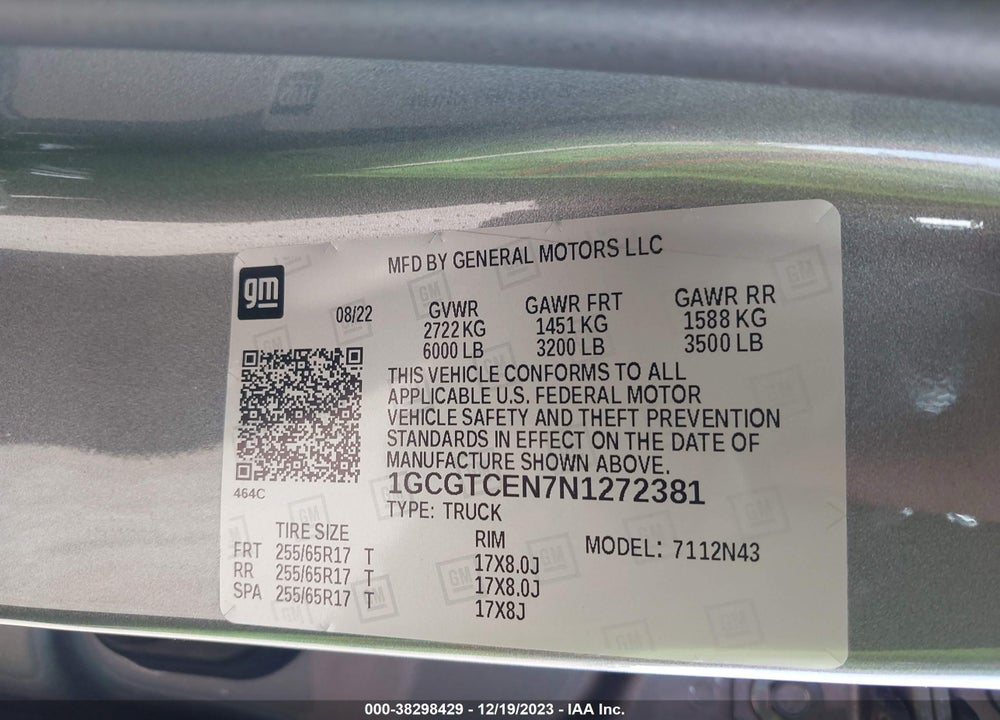 2022 CHEVROLET COLORADO 4WD SHORT BOX LT VIN: 1GCGTCEN7N1272381