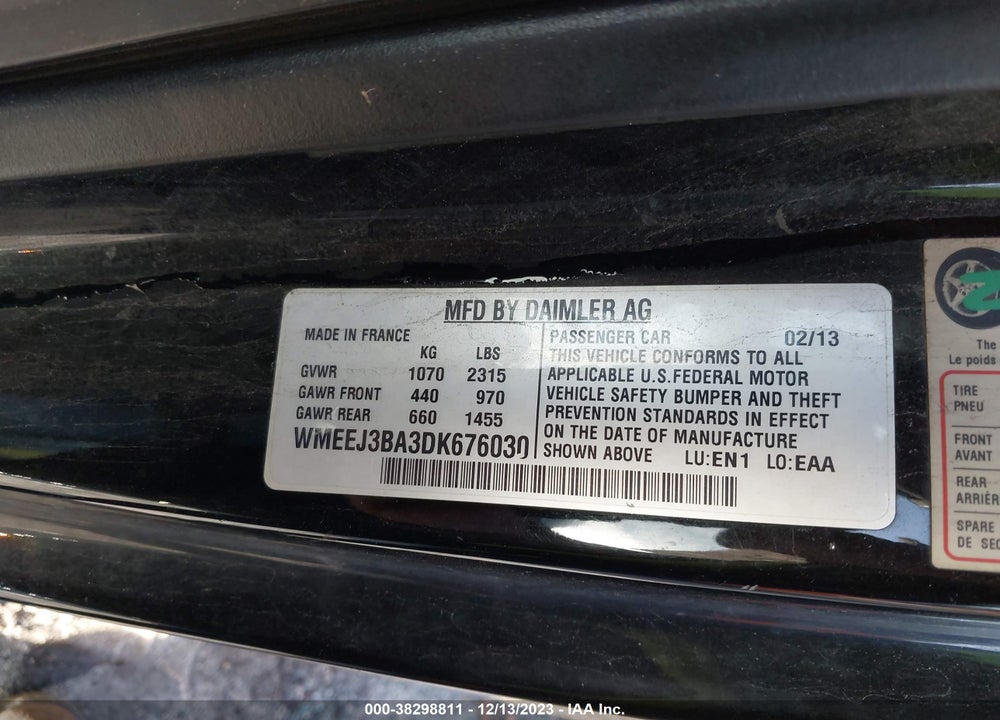 2013 SMART FORTWO PASSION/PURE VIN: WMEEJ3BA3DK676030