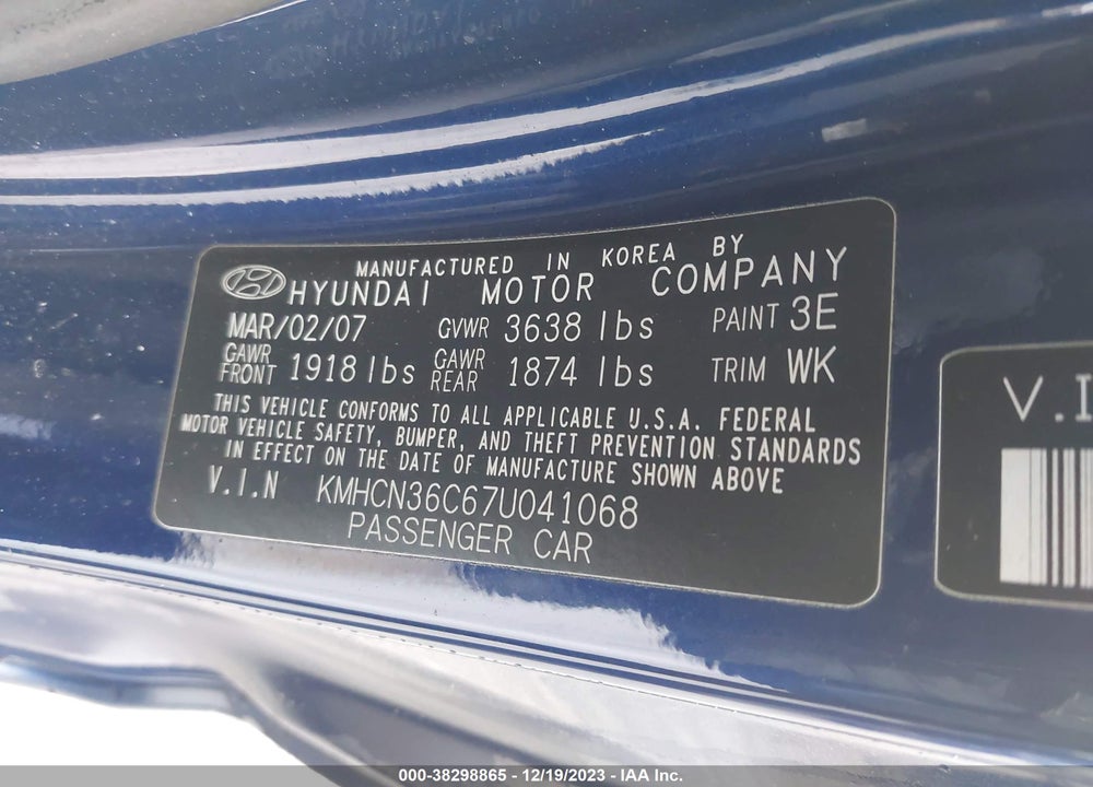 2007 HYUNDAI ACCENT SE VIN: KMHCN36C67U041068