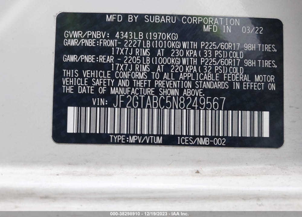 2022 SUBARU CROSSTREK VIN: JF2GTABC5N8249567