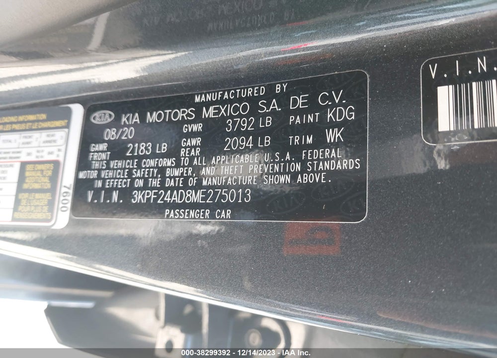 2021 KIA FORTE FE VIN: 3KPF24AD8ME275013
