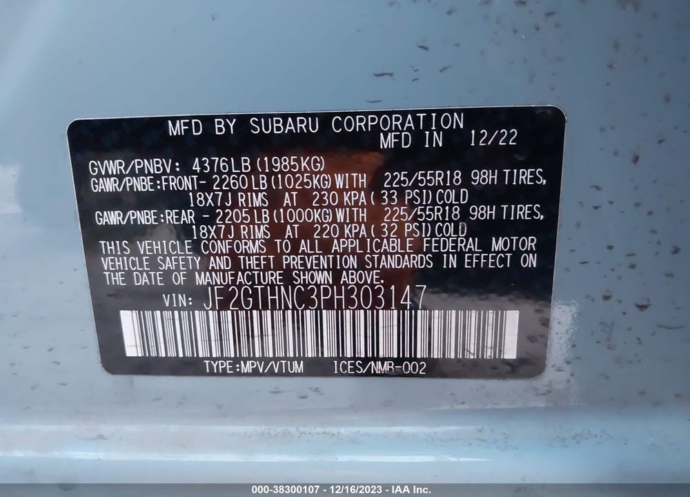 2023 SUBARU CROSSTREK LIMITED VIN: JF2GTHNC3PH303147