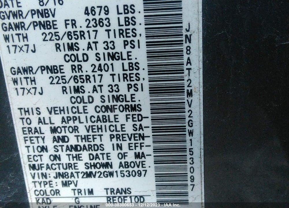 2016 NISSAN ROGUE S VIN: JN8AT2MV2GW153097