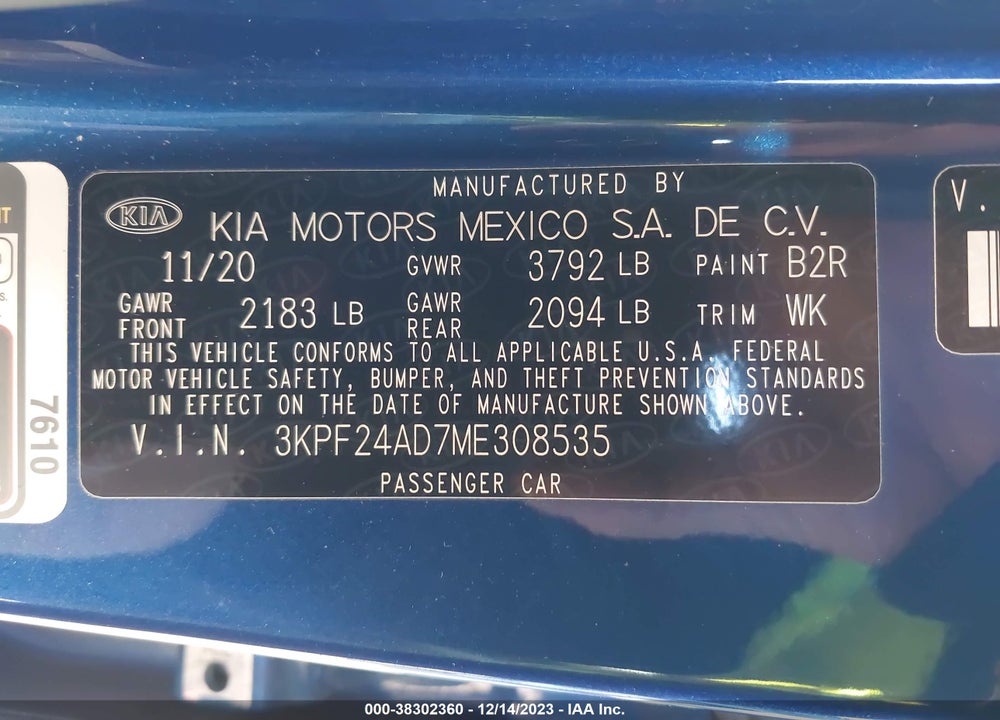 2021 KIA FORTE LXS VIN: 3KPF24AD7ME308535
