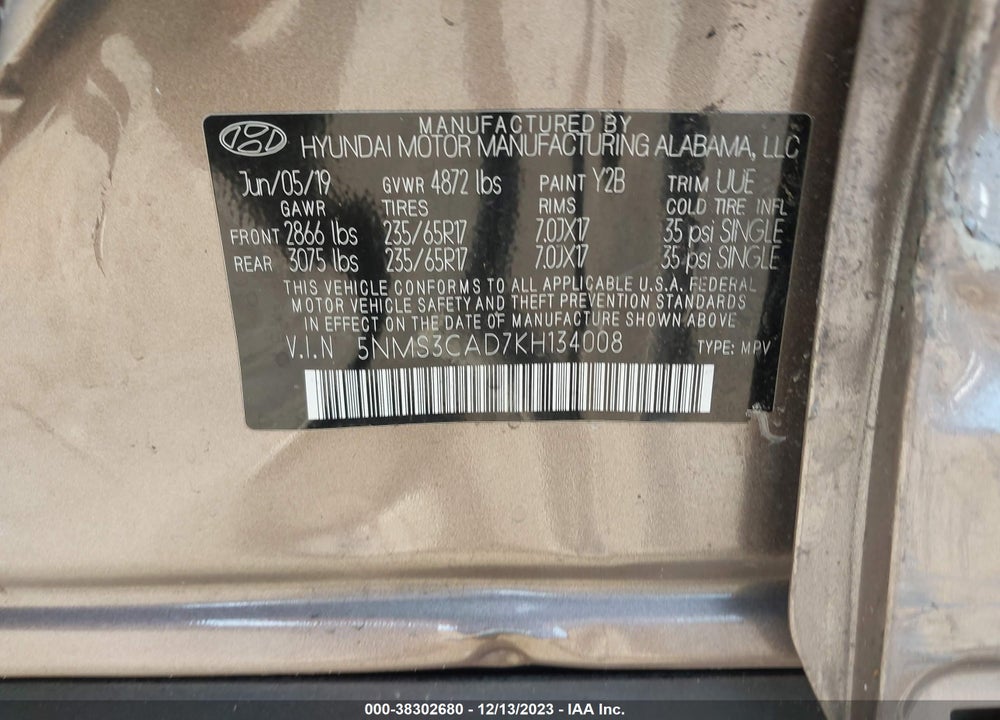 2019 HYUNDAI SANTA FE SEL VIN: 5NMS3CAD7KH134008