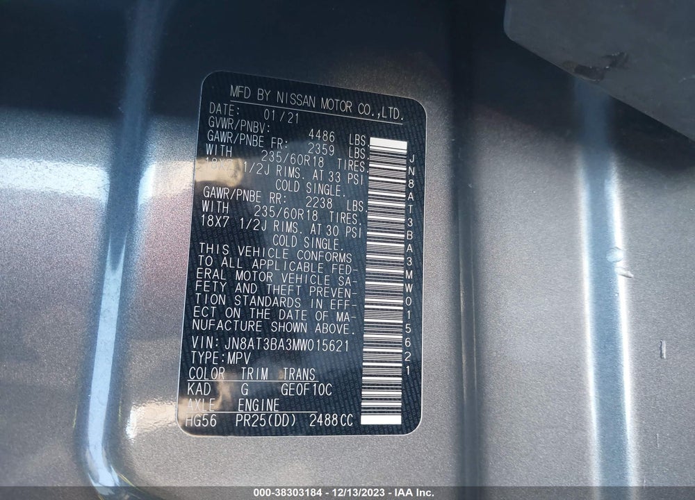 2021 NISSAN ROGUE SV FWD VIN: JN8AT3BA3MW015621