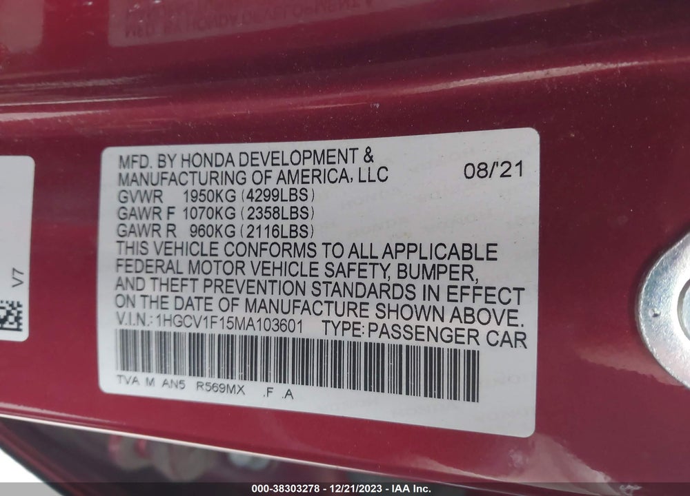 2021 HONDA ACCORD VIN: 1HGCV1F15MA103601
