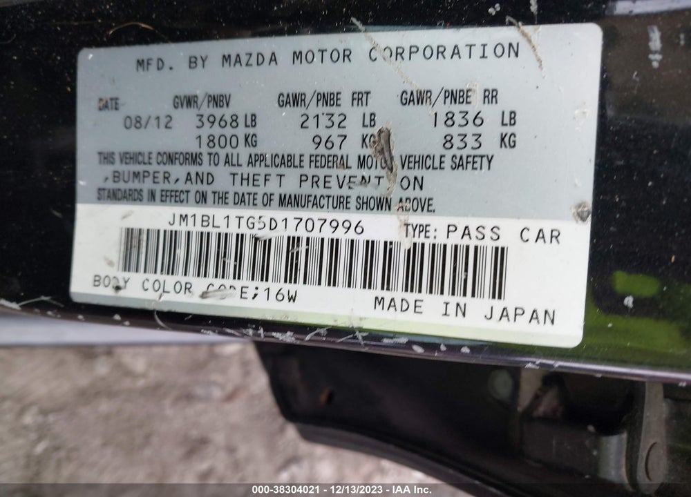 2013 MAZDA 3 I SV VIN: JM1BL1TG5D1707996