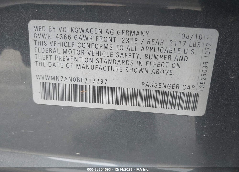 2011 VOLKSWAGEN CC SPORT VIN: WVWMN7AN0BE717297