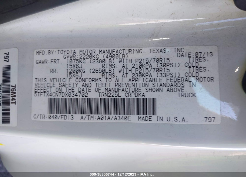 2013 TOYOTA TACOMA ACCESS CAB VIN: 5TFTX4CN7DX034702