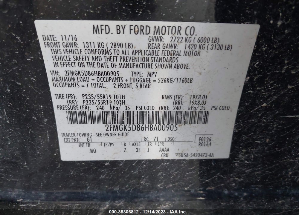2017 FORD FLEX LIMITED VIN: 2FMGK5D86HBA00905