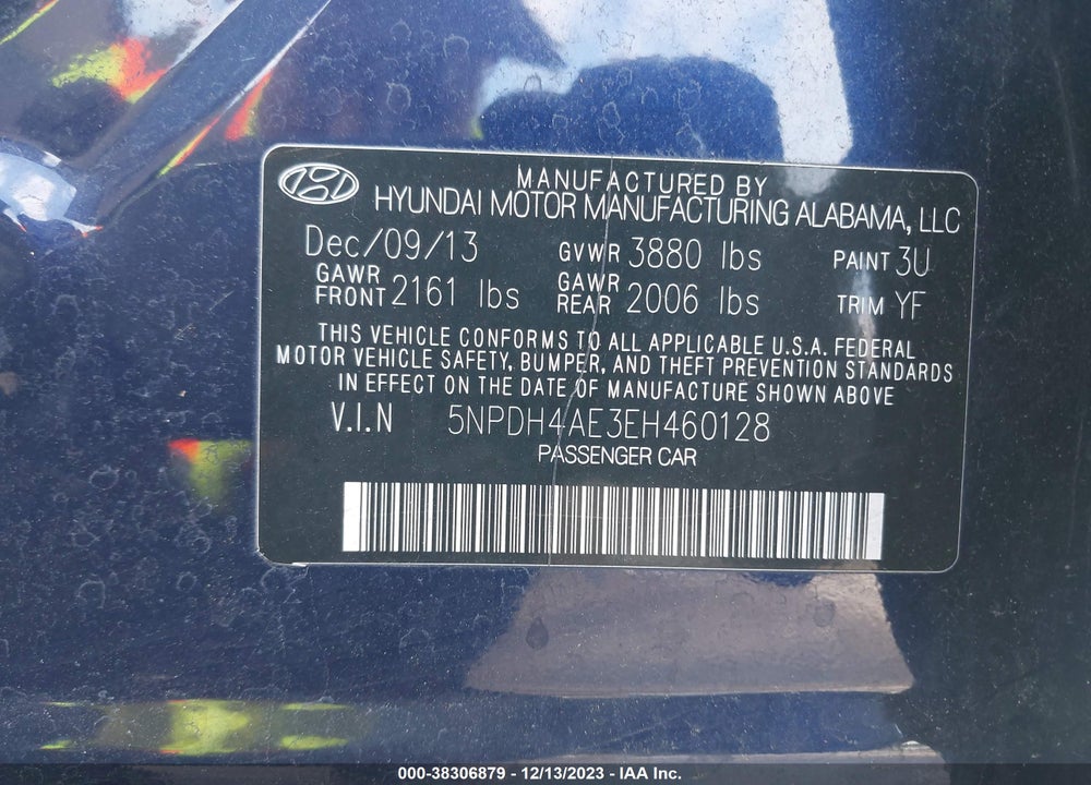 2014 HYUNDAI ELANTRA VIN: 5NPDH4AE3EH460128