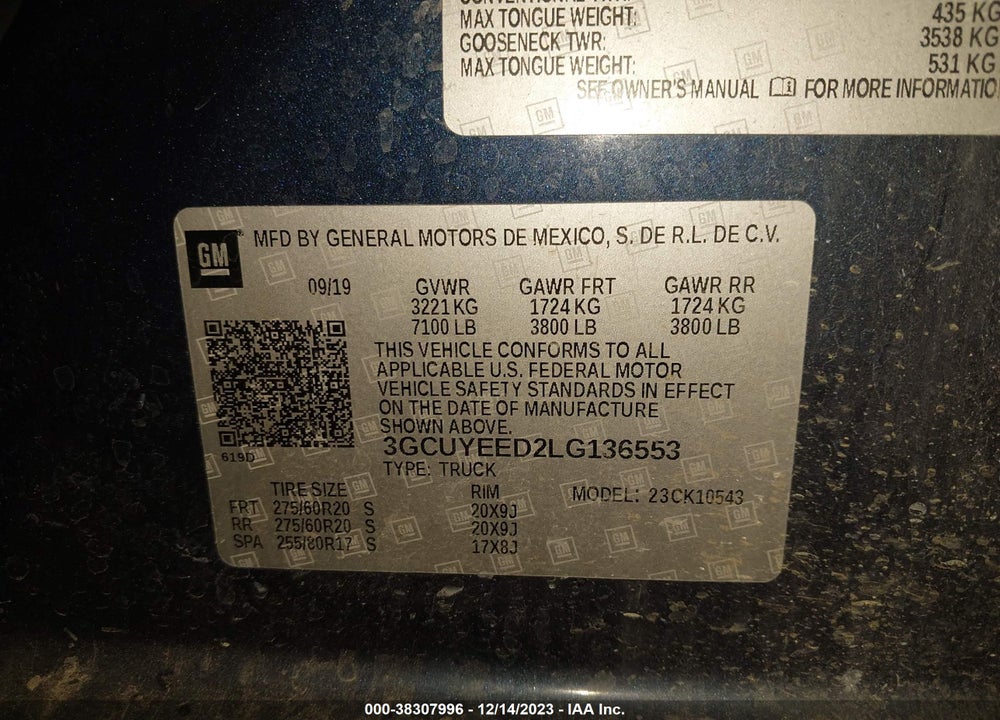 2020 CHEVROLET SILVERADO 1500 4WD SHORT BED RST VIN: 3GCUYEED2LG136553