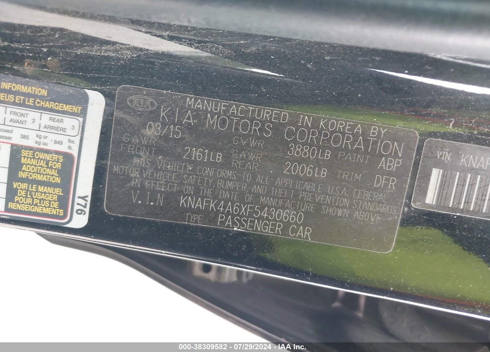 2015 KIA FORTE VIN: KNAFK4A6XF5430660