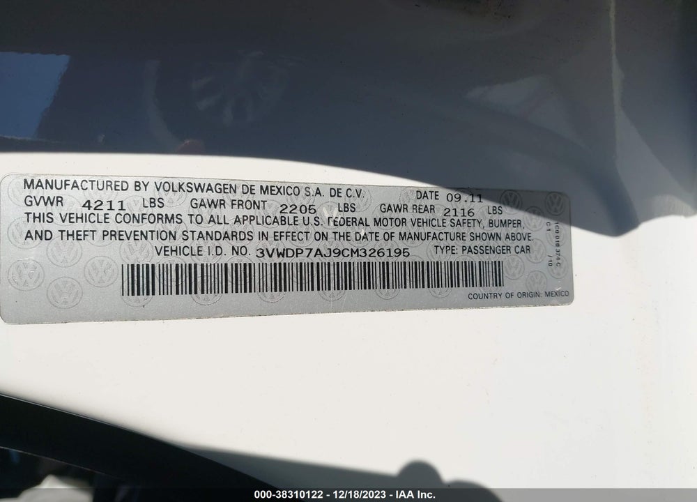 2012 VOLKSWAGEN JETTA 2.5L SE VIN: 3VWDP7AJ9CM326195