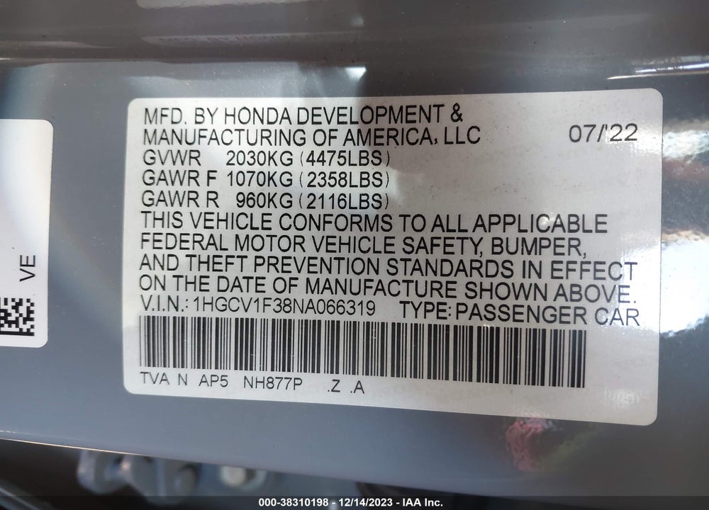 2022 HONDA ACCORD VIN: 1HGCV1F38NA066319