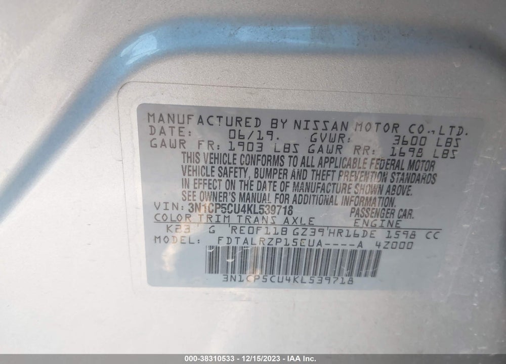 2019 NISSAN KICKS S VIN: 3N1CP5CU4KL539718