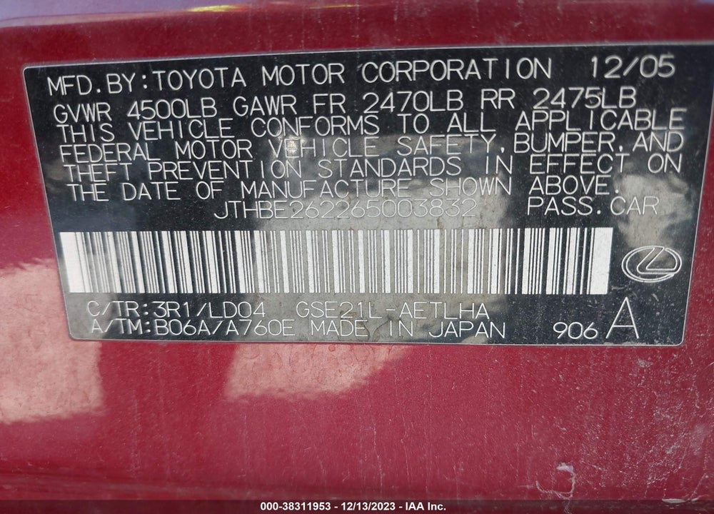 2006 LEXUS IS350 VIN: JTHBE262265003832
