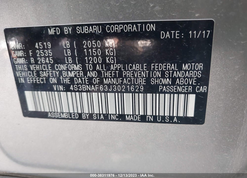 2018 SUBARU LEGACY 2.5I PREMIUM VIN: 4S3BNAF63J3021629