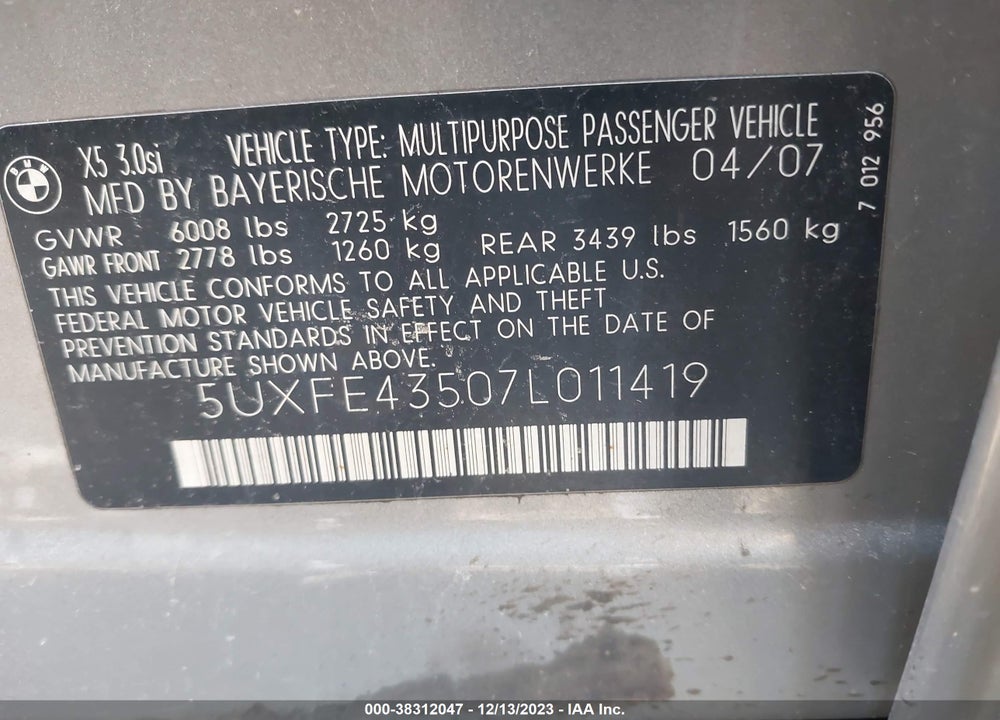 2007 BMW X5 3.0SI VIN: 5UXFE43507L011419
