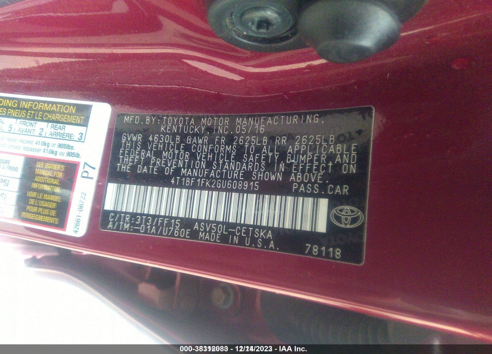 2016 TOYOTA CAMRY SE VIN: 4T1BF1FK2GU608915