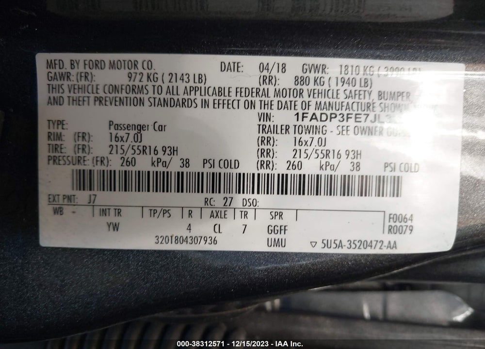 2018 FORD FOCUS SE VIN: 1FADP3FE7JL331777