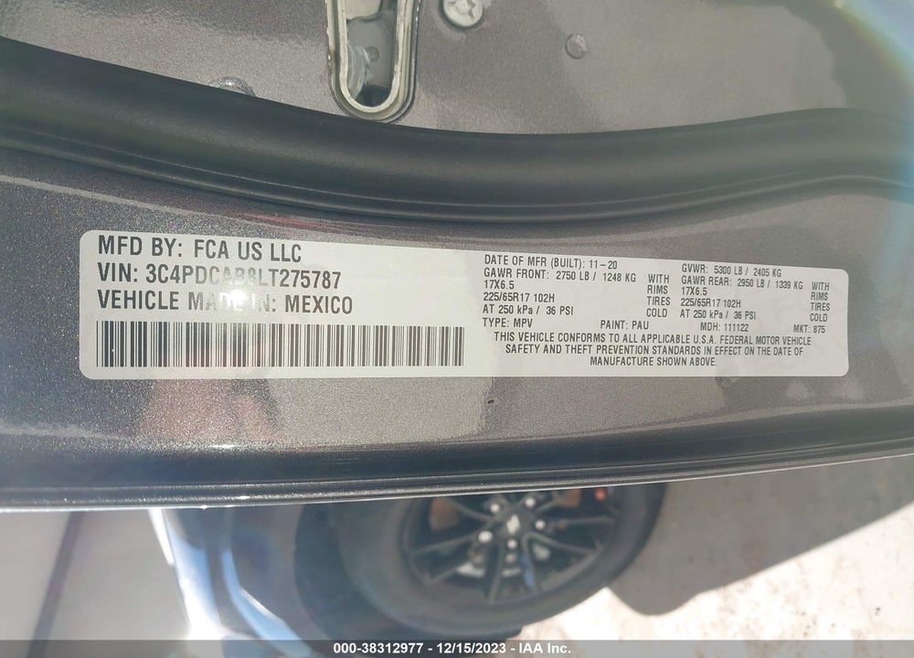 2020 DODGE JOURNEY SE VALUE VIN: 3C4PDCAB8LT275787