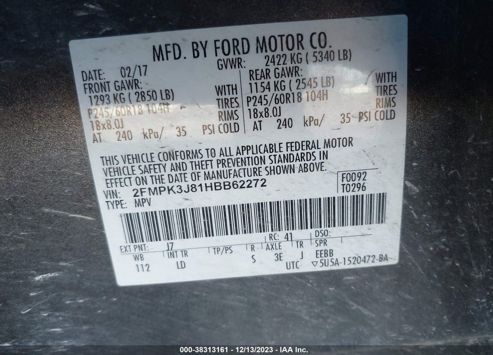 2017 FORD EDGE VIN: 2FMPK3J81HBB62272