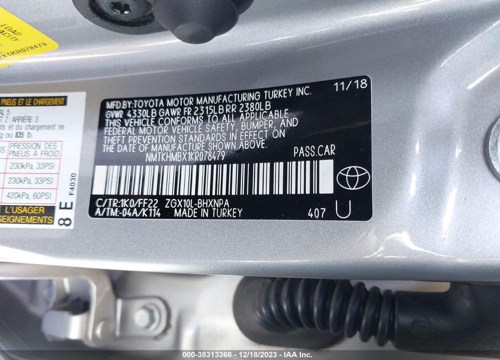 2019 TOYOTA C-HR XLE VIN: NMTKHMBX1KR078479