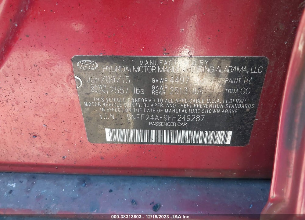 2015 HYUNDAI SONATA SE VIN: 5NPE24AF9FH249287