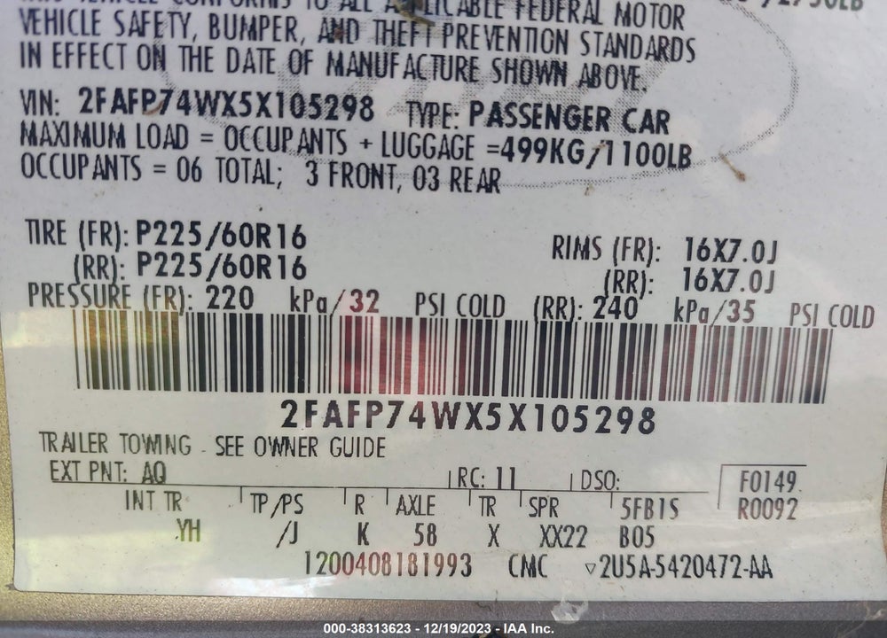 2005 FORD CROWN VICTORIA LX/LX SPORT VIN: 2FAFP74WX5X105298