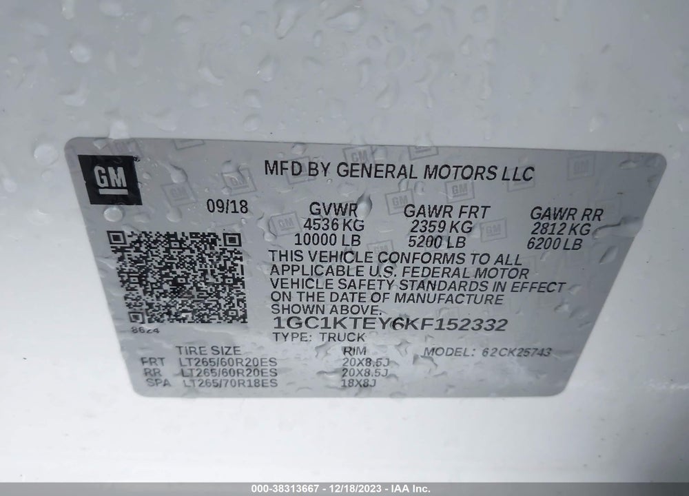 2019 CHEVROLET SILVERADO 2500HD LTZ VIN: 1GC1KTEY6KF152332