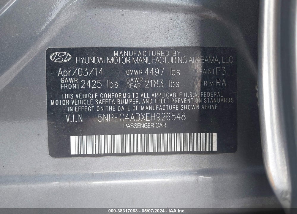 2014 HYUNDAI SONATA SE 2.0T VIN: 5NPEC4ABXEH926548