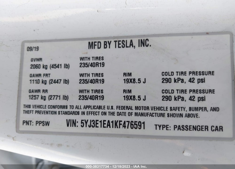 2019 TESLA MODEL 3 LONG RANGE/MID RANGE/STANDARD RANGE/STANDARD RANGE PLUS VIN: 5YJ3E1EA1KF476591