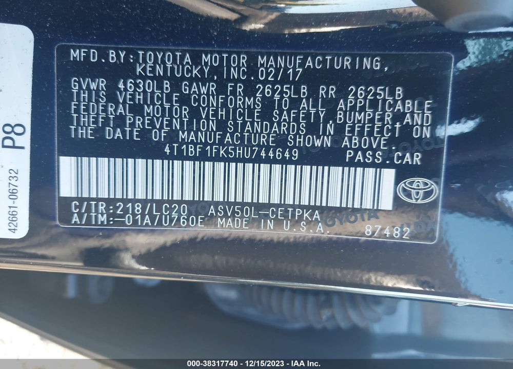 2017 TOYOTA CAMRY XSE VIN: 4T1BF1FK5HU744649