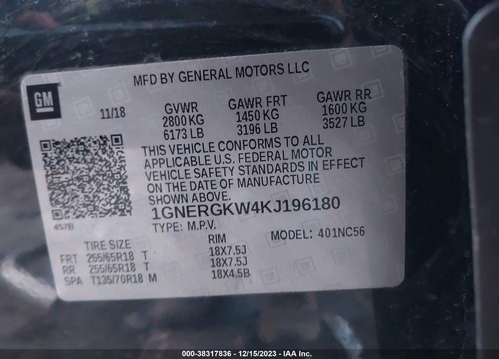 2019 CHEVROLET TRAVERSE 1LT VIN: 1GNERGKW4KJ196180