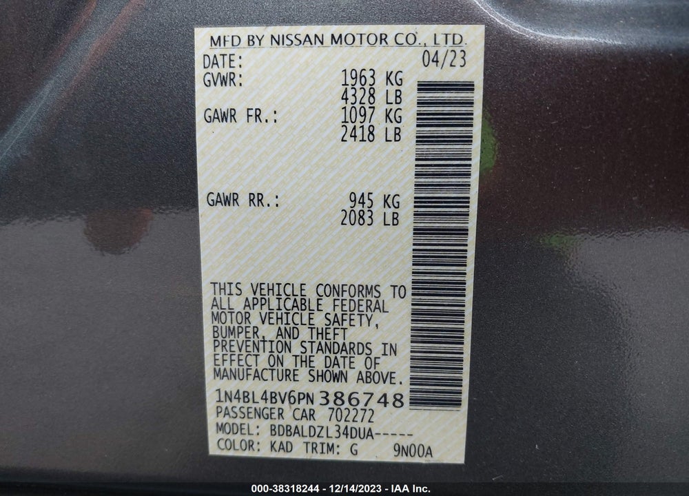 2023 NISSAN ALTIMA S FWD VIN: 1N4BL4BV6PN386748