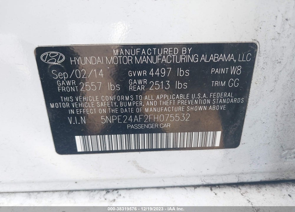 2015 HYUNDAI SONATA SE VIN: 5NPE24AF2FH075532