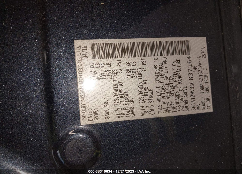 2016 NISSAN ROGUE VIN: 5N1AT2MV3GC837164