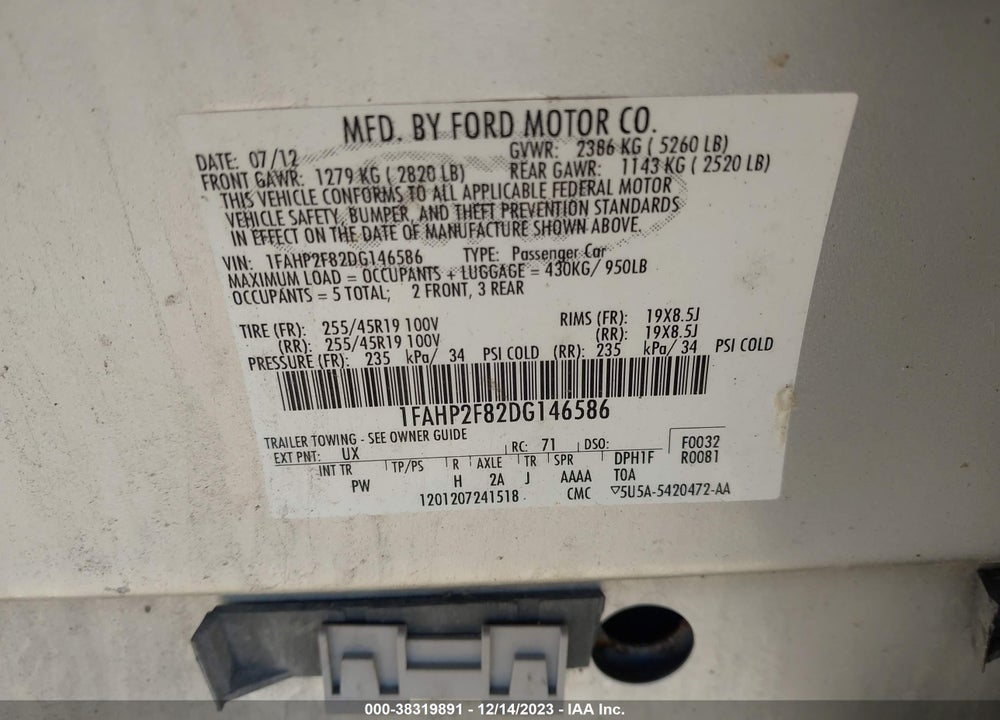 2013 FORD TAURUS LIMITED VIN: 1FAHP2F82DG146586