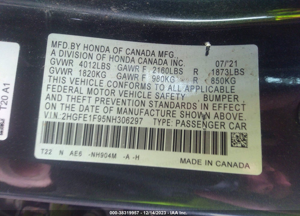 2022 HONDA CIVIC VIN: 2HGFE1F95NH306297
